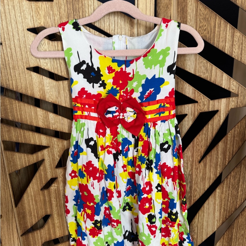 Girls Bright Floral Bow-Front Casual Dress in White and Red